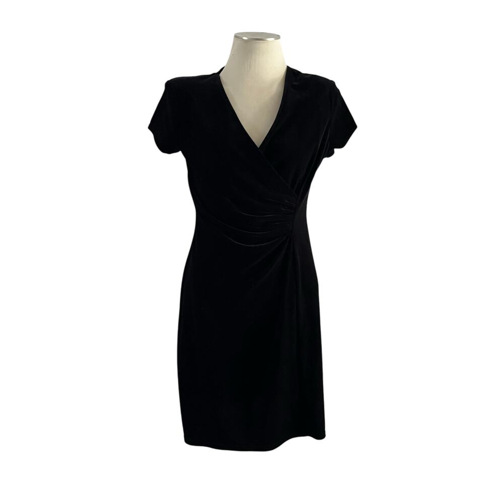 Vtg Black Velvet Short Sleeve Faux Wrap Dress Wmns 12 Witchy Whimsygoth